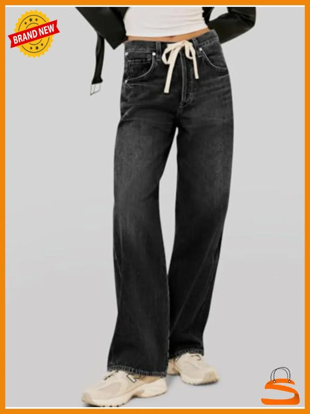 High Waisted Wide Leg Jeans with Drawstring and Pockets
